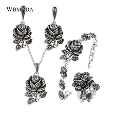 4 Pcs/lot Fashion Black Crystal Rose Flower Bridal Jewelry Sets Vintage Silver Plated Necklace Ring Bracelet Earrings For Women 2024 - buy cheap
