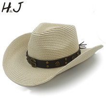 Women Men Straw Western Cowboy Hat With Roll Up Brim Money Belt Size 56-58CM 2024 - buy cheap