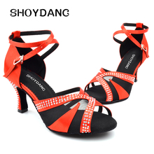 Zapatos de baile latino para mujer, zapatos de baile cómodos con diamantes de imitación de Salsa, tacón de 7,5 cm, color marrón/rojo 2024 - compra barato