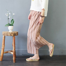 SCUWLINEN 2020 Women Pants Vintage Casual Elastic Waist Striped Loose Linen Tencel Straight Wide Leg Pant Pantalon Femme S905 2024 - buy cheap