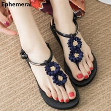 Women's Flowers Thongs Summer Sandals Black Strap Green Black Shoes Flat Sandals Plus Size 35 40 Brand 2019 New Fashion Mujer De 2024 - buy cheap