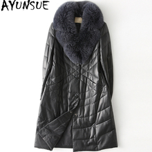 Женская кожаная куртка, зимняя натуральная кожа, овчина, пальто с воротником из натурального Лисьего меха, длинное пальто, корейские кожаные куртки, YFG6012B 2024 - купить недорого
