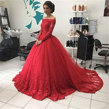 vestido de noiva Red Long Sleeves Lace See Through Off the Shoulder Ball Gown Wedding Dresses Bridal Gowns 2024 - buy cheap