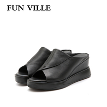 FUN VILLE New Fashion Summer Women Slippers Wedges Slippers Genuine Leather sexy ladies shoes Outside Platform Slippers Open Toe 2024 - buy cheap
