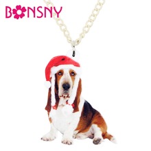 Bonsny Acrylic Christmas Hat Basset Hound Dog Necklace Pendant Chain Choker Animal Jewelry For Women Girls Teens Gift Accessory 2024 - buy cheap