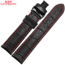 Ремешок Laopijiang из натуральной кожи для наручных часов, черный браслет с красной нитью, 18 мм 19 мм 20 мм 21 мм 22 мм 24 мм 2024 - купить недорого