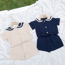 Korean Style Kids Clothes Sets Cute Sailor Collar Boys&Girls Clothing Short Sleeve Cotton Linen T shirt + Shorts 2pcs Set BC635 2024 - buy cheap