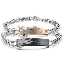 Moda Romântico "True love" Cupido Casal Promessa de Aço Inoxidável Pulseiras de Cristal Pulseira Para Mulheres Dos Homens Dia Dos Namorados presente 2024 - compre barato