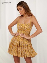 Yinlinhe желтое пляжное/летнее платье без рукавов, сексуальное винтажное платье на завязках с открытой спиной, тонкая талия, праздничное платье с рюшами, vestido 103 2024 - купить недорого