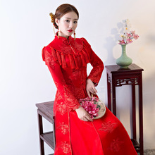 Vestido de casamento tradicional vintage vermelho, vestido de noiva oriental asiático, bordado de manga comprida, robe cheongsam, moda noturna qipao 2024 - compre barato