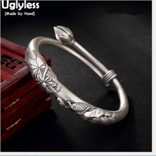 Uglyless 100% Real Solid 990 Full Silver Lotus Leaf Bangles for Women Ethnic Fish Bracelets Push-pull Thick Bangle Thai Silver 2024 - buy cheap
