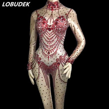 Macacão feminino vermelho preto strass magro bodysuit outono inverno discoteca dj cantor palco traje sexy pólo dança roupas 2024 - compre barato