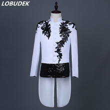 2019 New Men's Stand Collar Embroidery Swallowtail Stage Male Singer Chorus Host Magician Sequins Tailcoat Stage Costume Coat 2024 - buy cheap