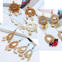 Fashion exquisite creative rattan knit geometric earring for women with shell and cloth flower pendant design female kolczyki 2024 - buy cheap