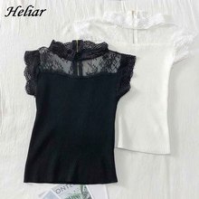 HELIAR-Camiseta de encaje con cremallera para mujer, Tops transparentes, Camiseta con volantes, Camiseta de manga corta de verano 2024 - compra barato