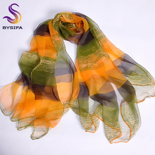 Женский шелковый шарф BYSIFA, желто-зеленый тонкий длинный шарф с принтом, Летняя шелковая шаль шарф 2024 - купить недорого
