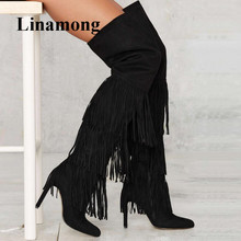 2018 Black Fringe Long Tube Boots Thin High Heels Women Boots Fashion Pointed Toe Over-The-Knee Slip-ON Spring Autumn Boots 2024 - buy cheap