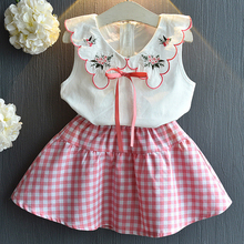 Girls Sets 2020 New Summer Girls Fashion Embroidery Petal Collar Vest T-Shirt + Plaid Skirt Two-Piece Suit 2024 - buy cheap