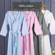 New 100% pure Cotton material plain color bathrobes robes Unisex Hooded pajamas sauna clothes waffle Sleepwear water absorption 2024 - buy cheap