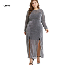 TUHAO Women's Club Dress Plus Size 3XL 2XL Dresses Grey Bright Silk Knit Sexy Perspective Split Party Dress 2019 Spring BCFS 2024 - buy cheap