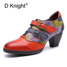 New Buckle Strap Heels Women Pumps Handmade Mixed Colors Casual Footwear Genuine Leather Comfortable Mother Shoes Woman Big Size 2024 - buy cheap