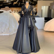 Black Lace Arabic Evening Dress V Neck Applique Formal Evening Gowns Robe De Soiree 2019 Hot Sale Beadeds Kaftans Prom Dresses 2024 - buy cheap