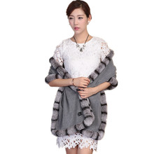 women scarf shawl 100% real wool cape with natural rex rabbit fur trim chinchilla gray color luxury winter shawl women S36 2024 - buy cheap