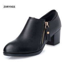 2022 New Spring Deep Mouth Genuine Leather Shoes Ladies Side Zipper Square Heel Work Shoes Woman Shoes High Heels 6 Cm Plus Size 2024 - buy cheap