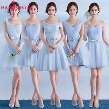 Beauty Emily Short Lace Blue Bridesmaid Dresses 2021 A-Line Sleeveless Lace Up Off the Shoulder Wedding Party Prom Dresses 2024 - buy cheap