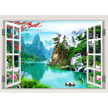 5d faça você mesmo completo diamante pintura janela paisagem 3d mosaico bordado diamante cascata/barco/montanha/pássaro natural js4600 2024 - compre barato