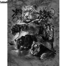 Полный квадратный Круглый Алмаз 5D DIY алмазная живопись тигр, Лев, Леопард 3D вышивка крестиком горный хрусталь мозаика черный белый 2024 - купить недорого