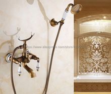 Torneira de banheira com misturador, bico de latão antigo, para fixação na parede, com torneira, banheira, chuveiro de mão, btf308 2024 - compre barato