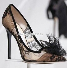 ALMUDENA Elegant Black Lace Flowers Pointed Toe Pumps Thin High Heels Mesh Floral Dress Shoes Butterfly-Knot Wedding Shoes 2024 - buy cheap