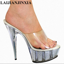 LAIJIANJINXIA/Новинка; блестящие прозрачные шлепанцы на высоком каблуке; женские уличные шлепанцы; женская обувь с открытым носком из пвх; очень высокие шлепанцы 15 см 2024 - купить недорого