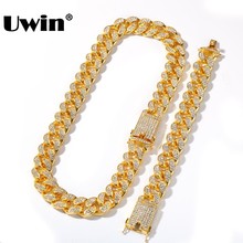 Uwin colar e pulseira de corrente cubana 20mm, colar masculino de strass com brilho, joias hiphop 2024 - compre barato