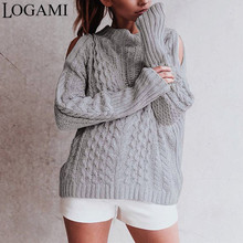 LOGAMI Long Sleeve Hollow Out Shoulder Knitted Sweater Woman Sexy Sweaters Fashion 2018 Women Pullover 2024 - buy cheap