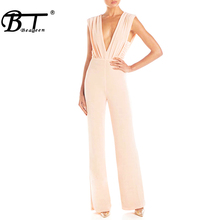 Beateen 2019 New Fashion Two Colors Ruched Sleeveless Backless Plunge Deep V Neck Wide Leg Pants Sexy Women Party Jumpsuit 2024 - buy cheap
