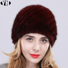 2019 nova chegada feminina real vison pele chapéu clássico de malha genuíno vison boné elástico quente marca lã forro grosso moda 2024 - compre barato
