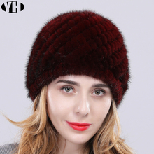 Gorro de piel de visón auténtico para mujer, gorro de punto clásico, elástico, cálido, forro de lana de marca, grueso, 2019 2024 - compra barato