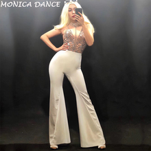 Sexy Stage Nude White Silver Rhinestones Stretch Jumpsuit Female Singer Dance DS Bodysuit Nightclub Outfit One-piece Jumpsuits 2024 - buy cheap
