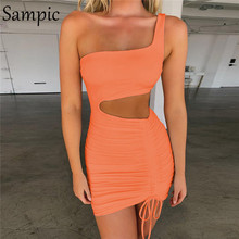 Sampic Sexy Party Club Bodycon Dress Women One Shoulder Backless Bandage Summer Mini Dress White Neon Pink Hollow Out Dresses 2024 - buy cheap