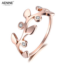 AENINE Original Design Rhinestone Leaves Rose Gold Color Ring Jewelry For Girls Stainless Steel Anniversary Rings Bague AR19005 2024 - buy cheap