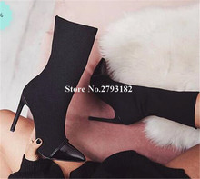 Women Fashion Pointed Toe Black Elastic Thin Heel Short Boots Bandage High Heel Ankle Boots Slim Style Club Shoes Party Shoes 2024 - buy cheap