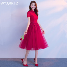 Jyx79l # stand coll vestido de renda, coletor de manga curta estilo médio longo vinho vermelho para noivas e damas de honra vestido de baile para festa de casamento 2019 2024 - compre barato