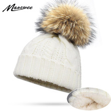 2018 Skullies Beanies Winter Hat For Women Warm Cap Brand Knitting Warm Plus Velvet Cap Real Fur Pompom Hat Cap Leisure Hats 2024 - buy cheap