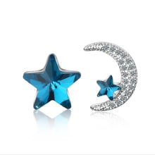 KOFSAC New Fashion 925 Silver Earrings For Women Jewelry Charm Blue Crystal Star Shiny Zircon Moon Asymmetry Stud Earring Bijoux 2024 - buy cheap