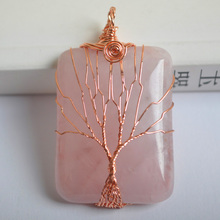 Gold Color Tree of Life Wire Wrap Rectangle Handmade Natural Stone Pink Crystal Necklace Pendant 1Pcs K2036 2024 - buy cheap