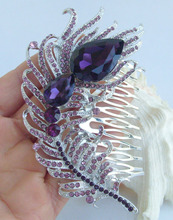 Charming 4.33" Purple Rhinestone Crystal Peacock Feather Hair Comb Wedding Headpiece FSE05038C2a 2024 - buy cheap