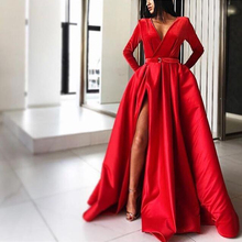 Vestido de noite estilo árabe, vestido longo, elegante, com decote em v, sexy, cetim alto, manga longa, vestido formal, 2021 2024 - compre barato