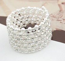 Silver Tone Clear 6 rows Rhinestone Crystal Invory Pearl Wedding Bridal Bracelet 2024 - buy cheap